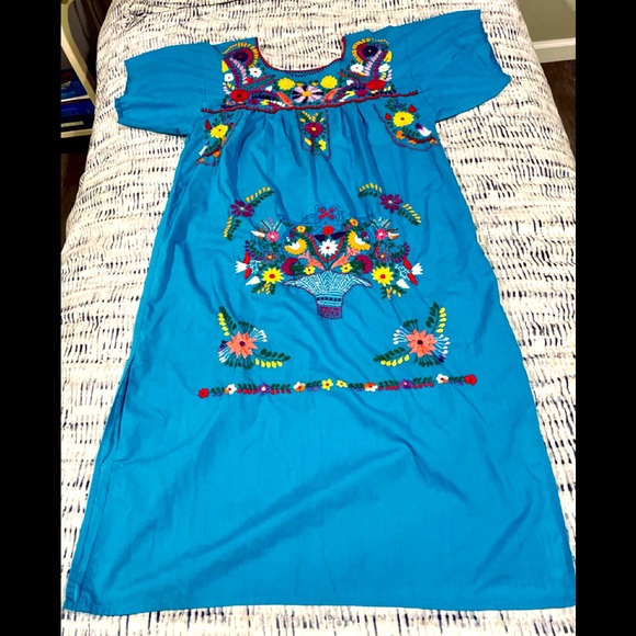 Vintage Mexican Elaborately Embroidered Traditional Huipil Dress Turquoi… - Picture 1 of 6